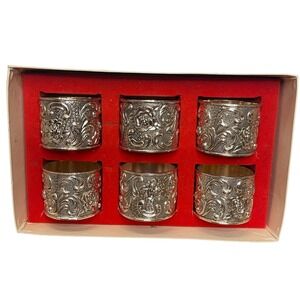 Vintage Silver Plated Napkin Rings Floral Embossed Design Set of 6 with Box